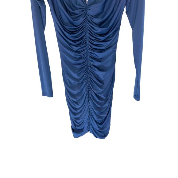 JAYGODFREY Navy Blue V-Neck Long Sleeve Ruched Bodycon Mini Dress Size 6 - Picture 6 of 14